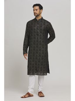 Aham-Vayam - Men'S Cotton Embroidered Black Kurta with Churidar