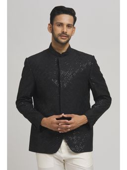 Aham-Vayam - Men'S Cotton Silk Embroidered Black Bandhgala