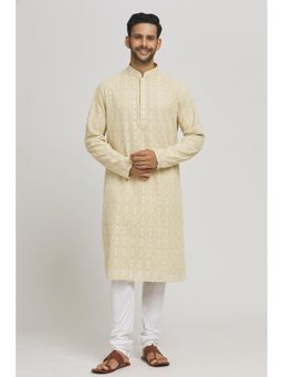 Aham-Vayam - Men'S Cotton Embroidered Beige Kurta with Churidar