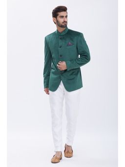 Aham-Vayam - Men'S Cotton Velvet Solid Green Bandhgala