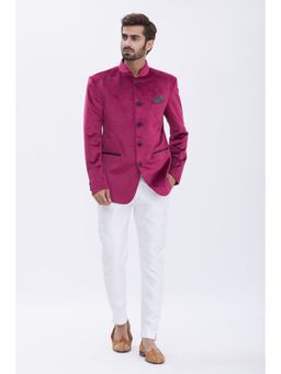 Aham-Vayam - Men'S Cotton Velvet Solid Wine Bandhgala