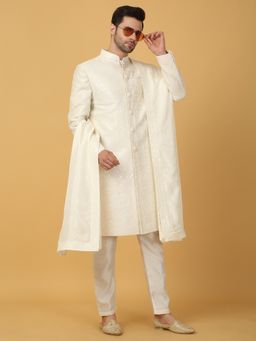 Aham-Vayam - Ivory Embroidered Kurta, Jacket with Churidar and Dupatta