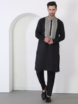 Aham-Vayam - Men'S Cotton Embroidered Black Kurta with Pant