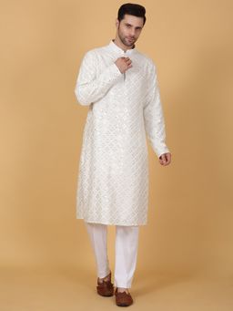 Aham-Vayam - Men'S Cotton Embroidered White Kurta with Pant