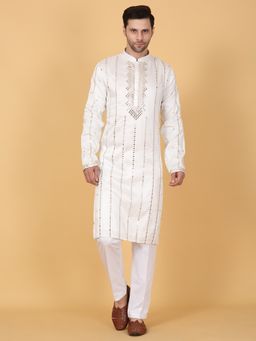 Aham-Vayam - Men'S Cotton Silk Embroidered White Kurta with Pant