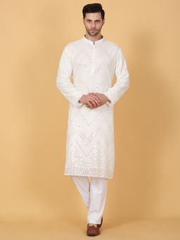 Aham-Vayam - Men'S Cotton Embroidered White Kurta with Pant