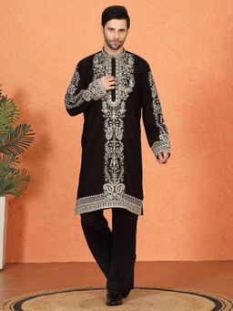 Aham-Vayam - Royal Black Kashmiri Embroidered Loose Fit Parallel Matching Kurta with Pant