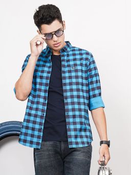 The Indian Garage Co - Men Slim Fit Checkered Full Sleeves Cutaway Collar Casual Shirt Blue