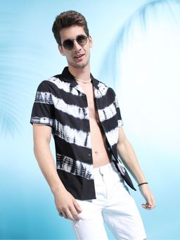 The Indian Garage Co - Men Relaxed Fit Tie N Dye Half Sleeves Cuban Collar Shirt Black