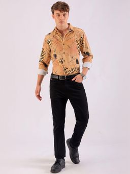 The Indian Garage Co - Men Slim Fit Printed Full Sleeves Cutaway Collar Party Wear Shirt Gold