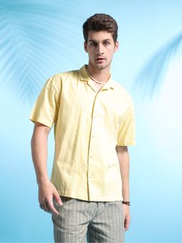The Indian Garage Co - Men Relaxed Fit Solid Half Sleeves Cuban Collar Resort Wear Shirt Yellow