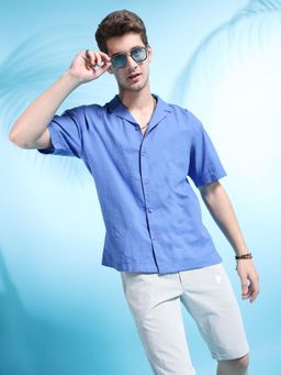 The Indian Garage Co - Men Relaxed Fit Solid Half Sleeves Cuban Collar Resort Wear Shirt Blue
