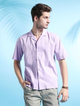 The Indian Garage Co - Men Relaxed Fit Solid Half Sleeves Cuban Collar Resort Wear Shirt Purple