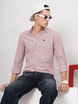 The Indian Garage Co - Men Slim Fit Checkered Full Sleeves Cutaway Collar Casual Shirt Red