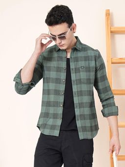 The Indian Garage Co - Men Regular Fit Checkered Full Sleeves Spread Collar Casual Shirt Green