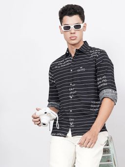 The Indian Garage Co - Men Regular Fit Striped Full Sleeves Spread Collar Casual Shirt Black