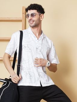 The Indian Garage Co - Men Slim Fit Printed Half Sleeves Cuban Collar Party Wear Shirt White