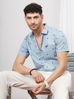 The Indian Garage Co - Men Slim Fit Printed Half Sleeves Cutaway Collar Casual Shirt Blue