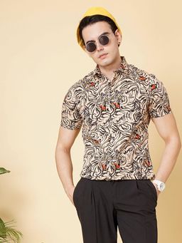 The Indian Garage Co - Men Regular Fit Printed Half Sleeves Cutaway Collar Casual Shirt Beige