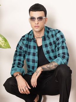 The Indian Garage Co - Men Slim Fit Checkered Full Sleeves Spread Collar Casual Shirt Teal