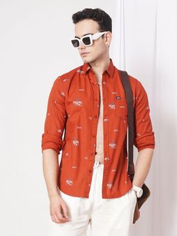 The Indian Garage Co - Men Slim Fit Full Sleeves Spread Collar Casual Shirt Orange