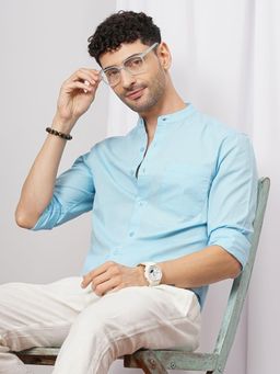 The Indian Garage Co - Men Regular Fit Solid Full Sleeves Mandarin Collar Casual Shirt Blue