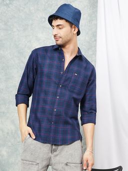 The Indian Garage Co - Men Slim Fit Checkered Full Sleeves Spread Collar Casual Shirt Navy Blue