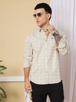 The Indian Garage Co - Men Slim Fit Checkered Full Sleeves Spread Collar Casual Shirt Beige