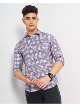 The Indian Garage Co - Men Slim Fit Checkered Full Sleeves Cutaway Collar Casual Shirt Blue