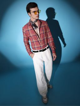 The Indian Garage Co - Men Slim Fit Checkered Full Sleeves Cutaway Collar Casual Shirt Rust