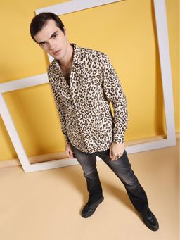 The Indian Garage Co - Men Slim Fit Printed Full Sleeves Cutaway Collar Party Wear Shirt Brown