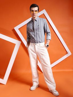 The Indian Garage Co - Men Slim Fit Striped Full Sleeves Cutaway Collar Casual Shirt Grey