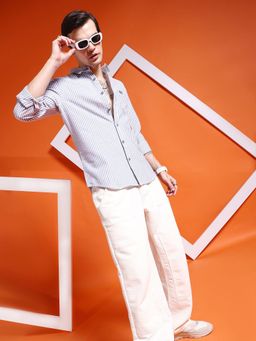 The Indian Garage Co - Men Slim Fit Striped Full Sleeves Cutaway Collar Casual Shirt Navy Blue