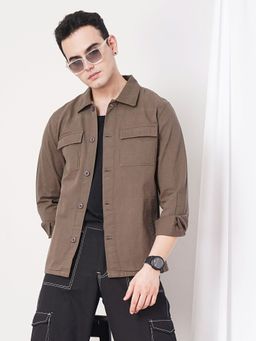 The Indian Garage Co - Men Slim Fit Solid Full Sleeves Cutaway Collar Casual Over Shirt Brown