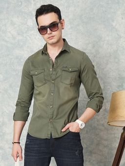 The Indian Garage Co - Men Slim Fit Solid Full Sleeves Spread Collar Casual Shirt Green
