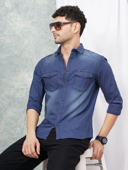 The Indian Garage Co - Men Slim Fit Solid Full Sleeves Spread Collar Casual Shirt Navy Blue