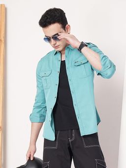 The Indian Garage Co - Men Slim Fit Solid Full Sleeves Spread Collar Casual Shirt Blue