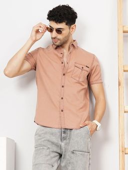 The Indian Garage Co - Men Slim Fit Solid Half Sleeves Spread Collar Casual Shirt Peach