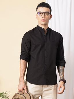 The Indian Garage Co - Men Slim Fit Solid Full Sleeves Mandarin Collar Casual Shirt Black
