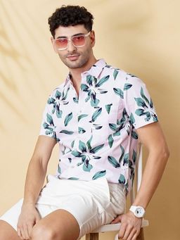 The Indian Garage Co - Men Slim Fit Tropical Half Sleeves Spread Collar Resort Wear Shirt Pink