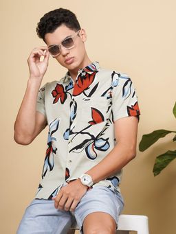 The Indian Garage Co - Men Slim Fit Half Sleeves Spread Collar Resort Wear Shirt Green