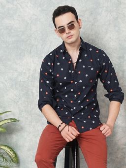The Indian Garage Co - Men Slim Fit Geometric Full Sleeves Spread Collar Casual Shirt Navy Blue