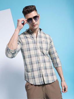 The Indian Garage Co - Men Slim Fit Checkered Full Sleeves Cutaway Collar Casual Shirt Khaki