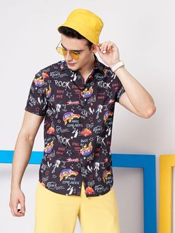 The Indian Garage Co - Men Conversational Printed Half Sleeves Spread Collar Shirt Black