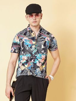 The Indian Garage Co - Men Slim Fit Fauna Printed Half Sleeves Spread Collar Shirt Multi-Color