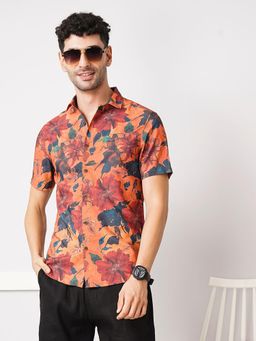 The Indian Garage Co - Men Slim Fit Half Sleeves Spread Collar Resort Wear Shirt Orange