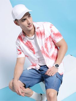 The Indian Garage Co - Men Slim Fit Tropical Half Sleeves Cutaway Collar Casual Shirt Pink