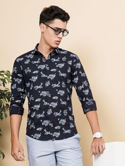 The Indian Garage Co - Men Slim Fit Full Sleeves Cutaway Collar Casual Shirt Navy Blue