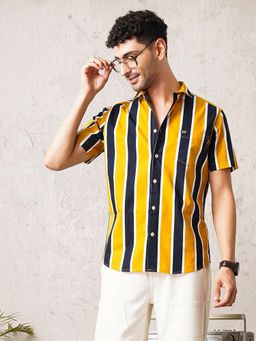 The Indian Garage Co - Men Slim Fit Striped Half Sleeves Cutaway Collar Casual Shirt Yellow