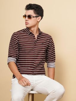The Indian Garage Co - Men Slim Fit Multi Striped Full Sleeves Cutaway Collar Casual Shirt Wine
